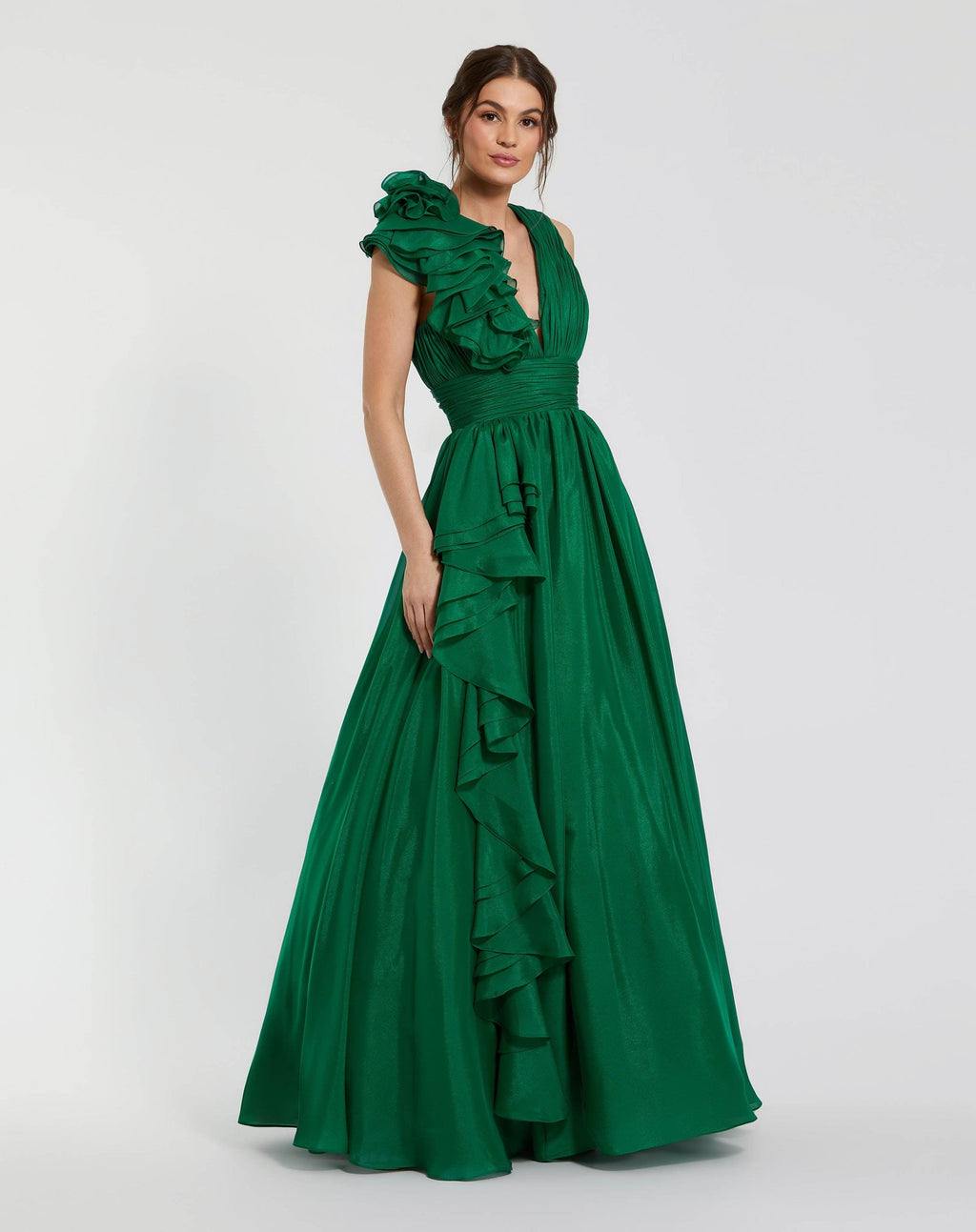 Petite Ruffle Shoulder V-Neck Chiffon Gown