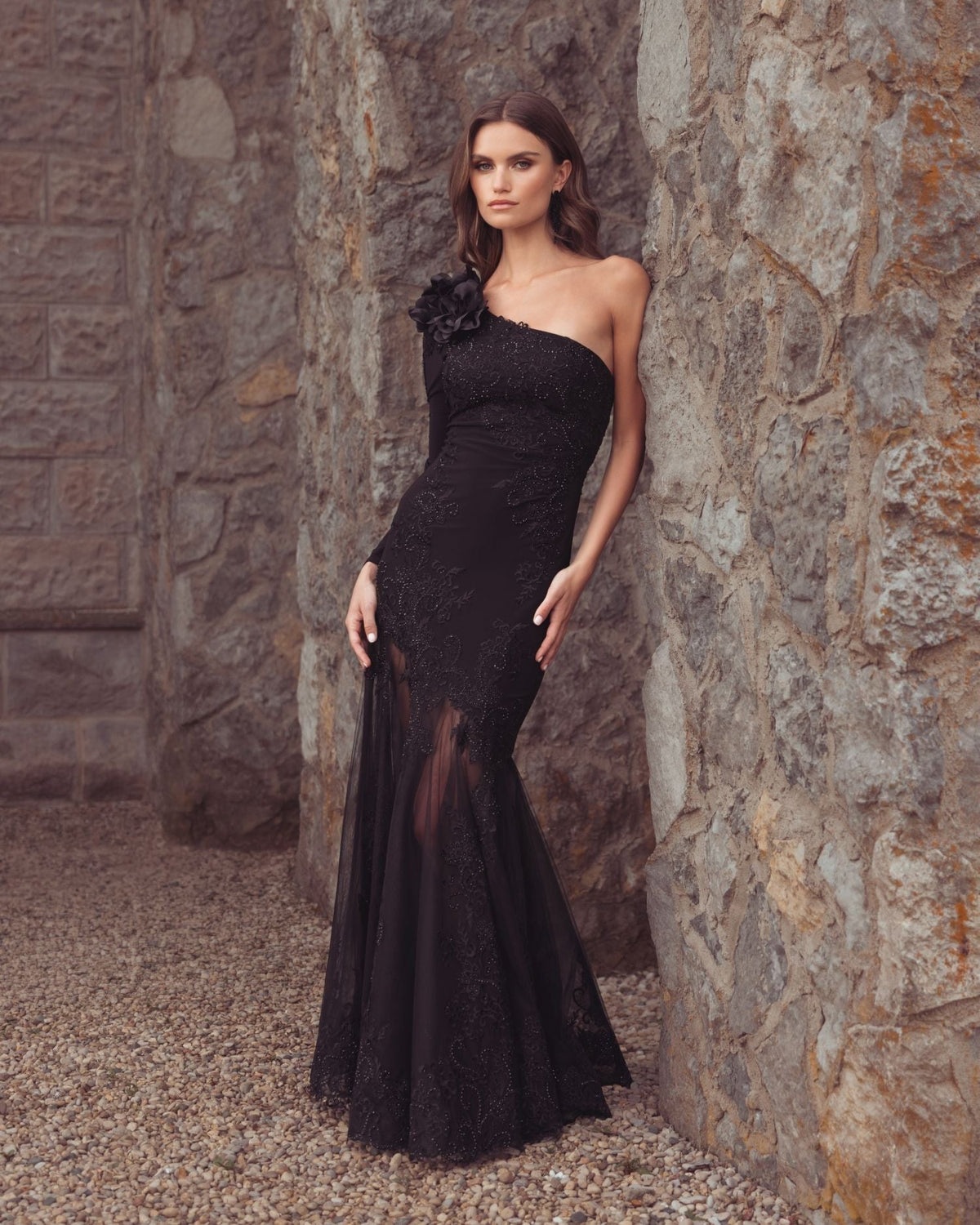 Black 3D Floral One Shoulder Mermaid Gown