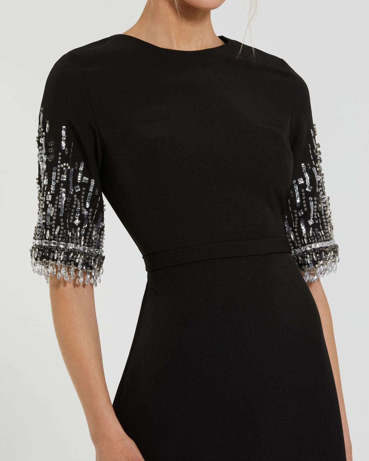 Petite Black Crepe A Line Gown With Beaded 3/4 Sleeves