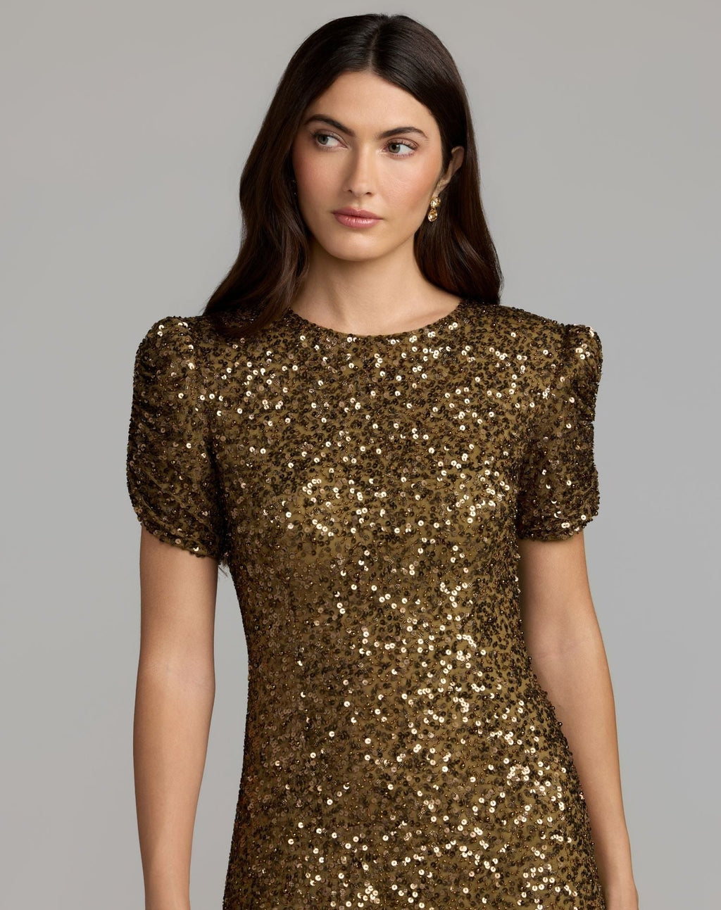 Brown Gathered Short Sleeve Embellished Gown