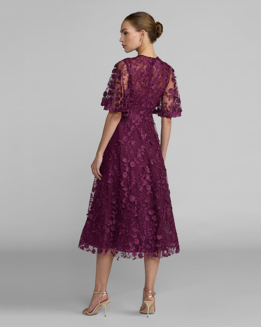 Aubergine Flutter Sleeve Embroidered Midi Dress
