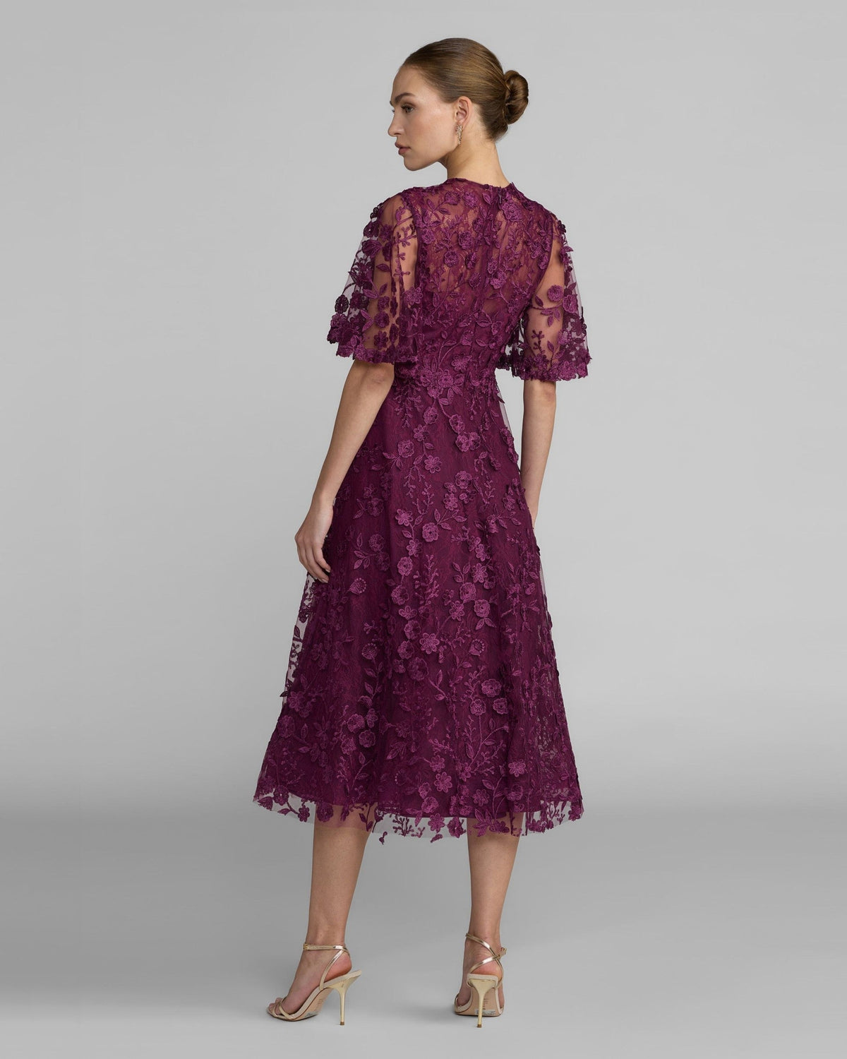 Aubergine Flutter Sleeve Embroidered Midi Dress
