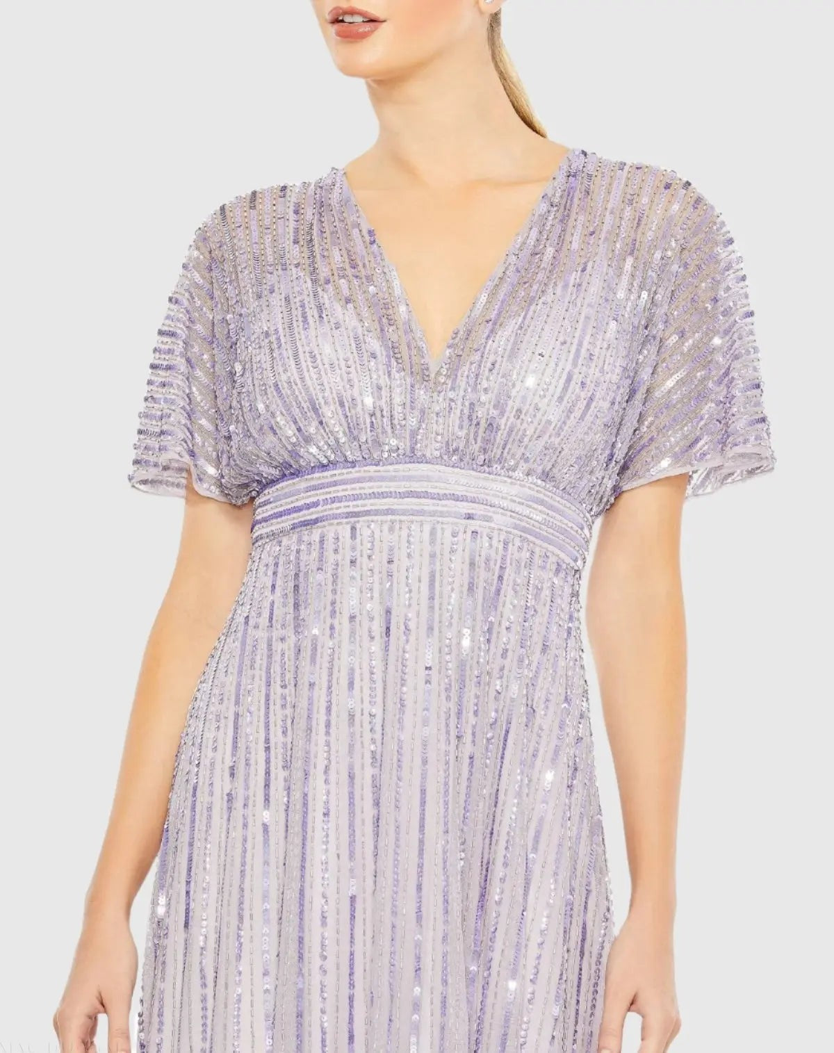 Purple Sequined Butterfly Sleeve Flowy Gown