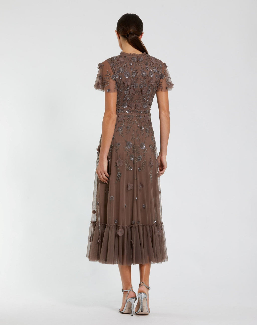 Brown Embellished High Neck Flutter Sleeve A Line Dress