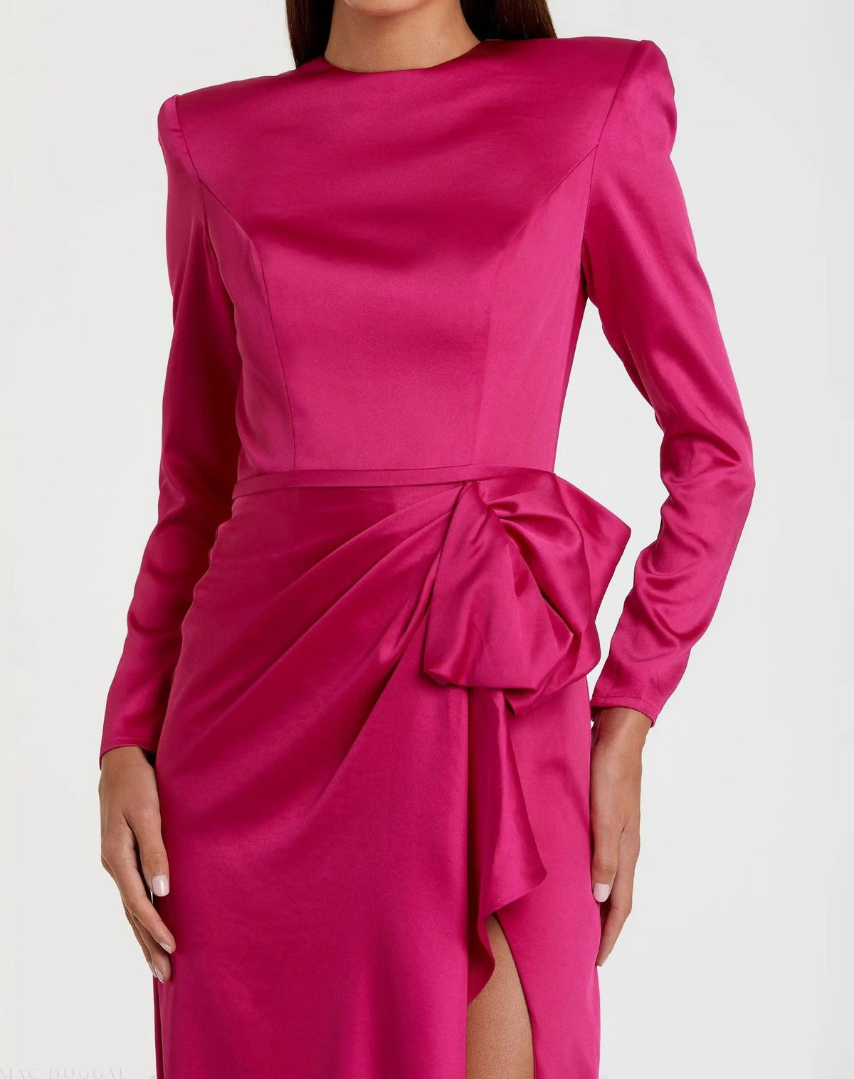 Pink Long Sleeve Satin Structured Bow Draped Column Gown