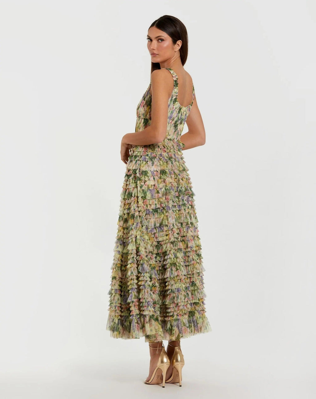 Yellow Floral Tiered Ruffle Midi Dress
