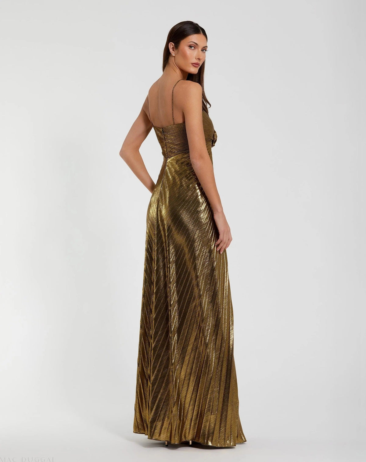 Antique Gold Metallic Pleated Gown With 3D Flower