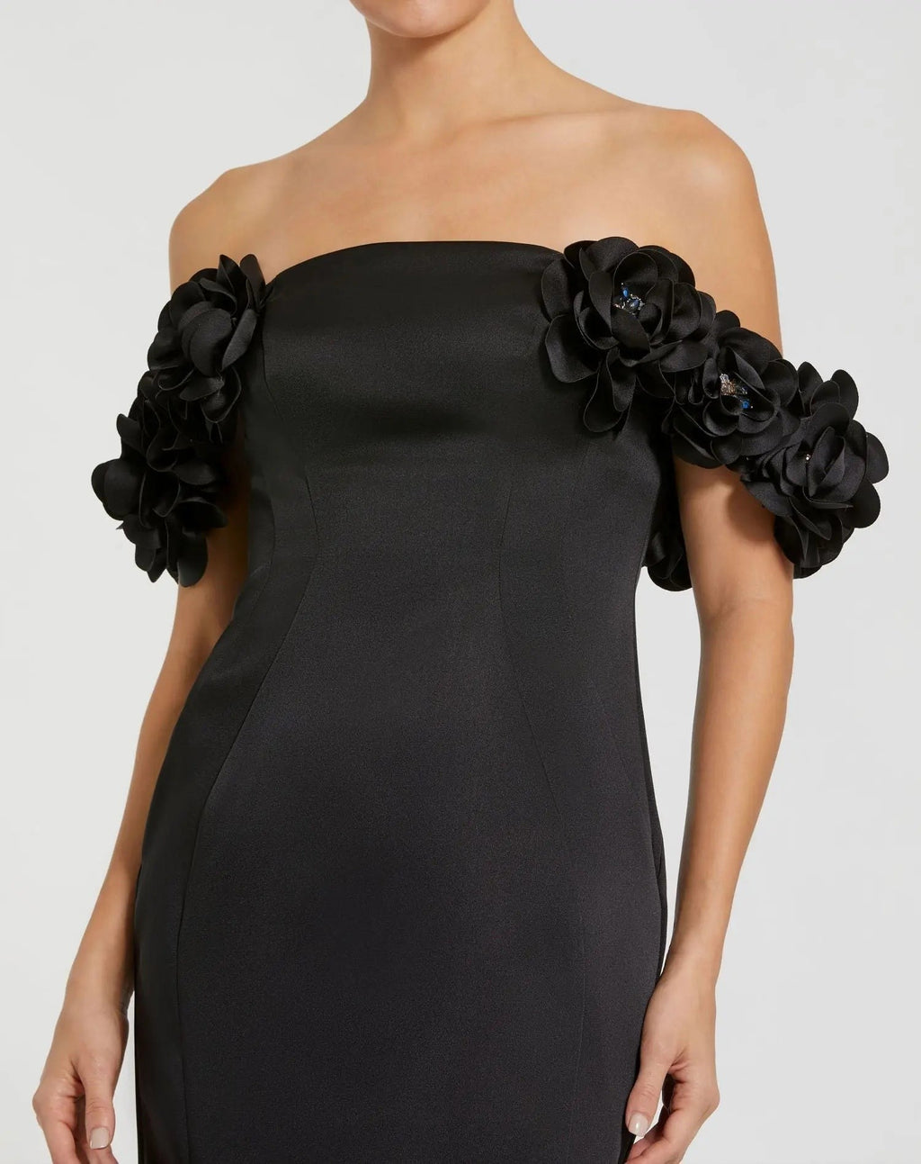Black Satin 3D Flower Off The Shoulder Mermaid Gown
