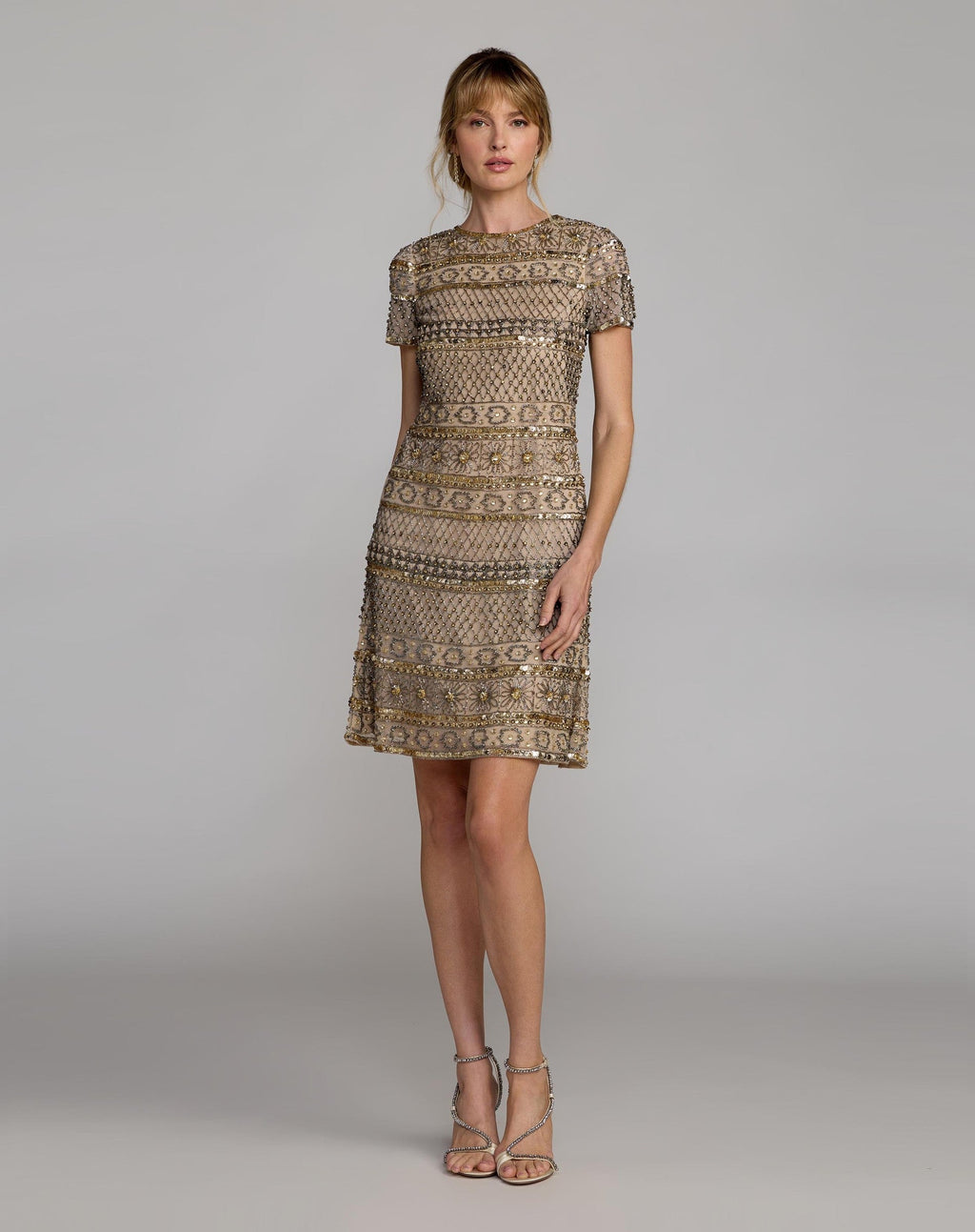 Nude Gold Short Sleeve Embellished Mini Dress