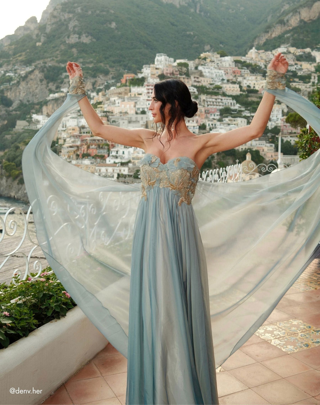 Seafoam Strapless Embellished Chiffon Cape Gown