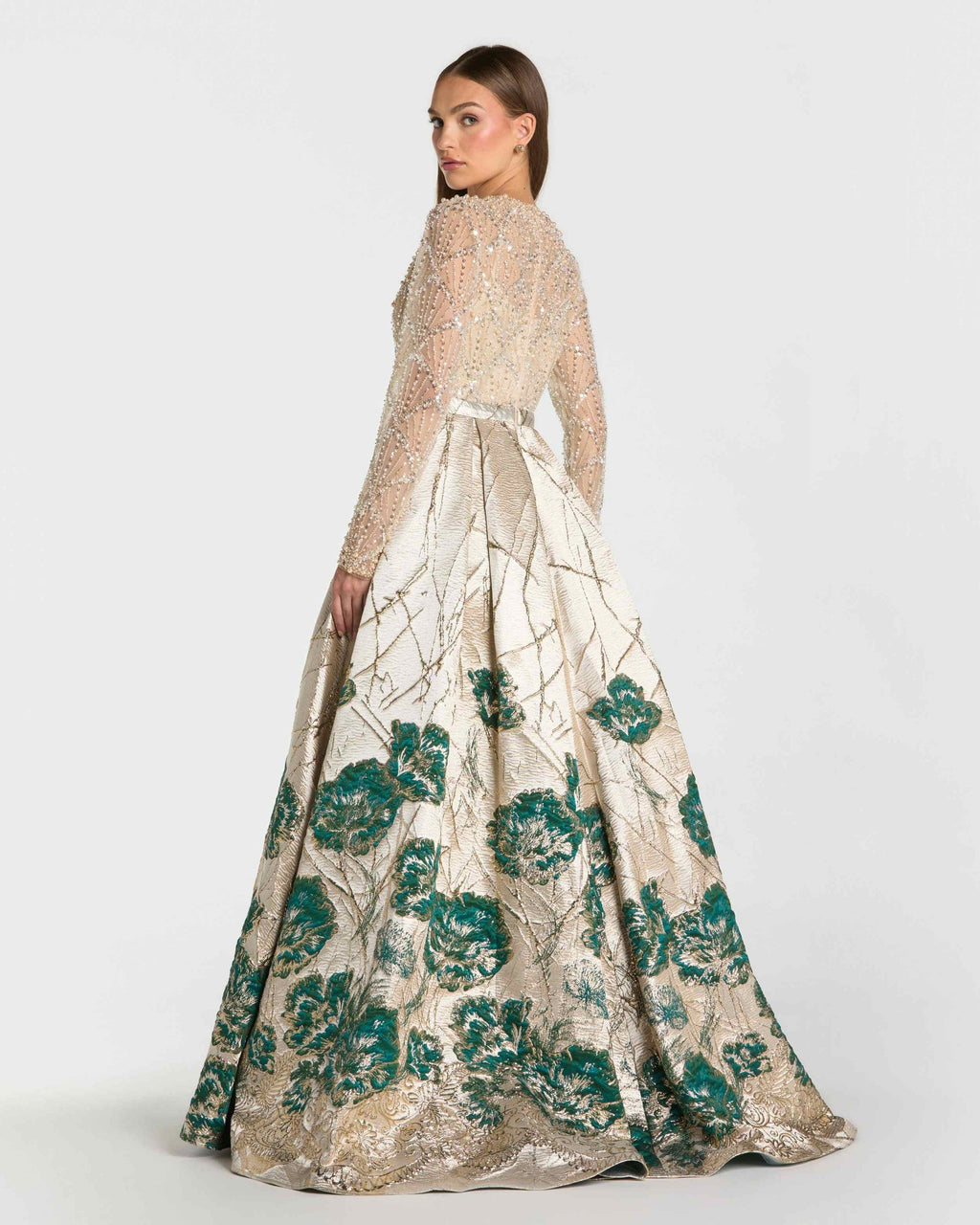 Champagne Teal Long Sleeve Embellished Floral Brocade Ball Gown
