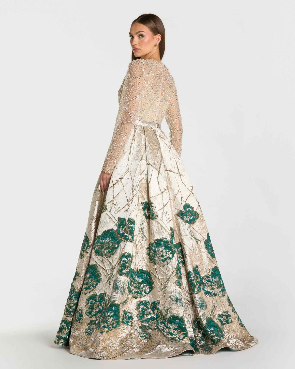 Champagne Teal Long Sleeve Embellished Floral Brocade Ball Gown