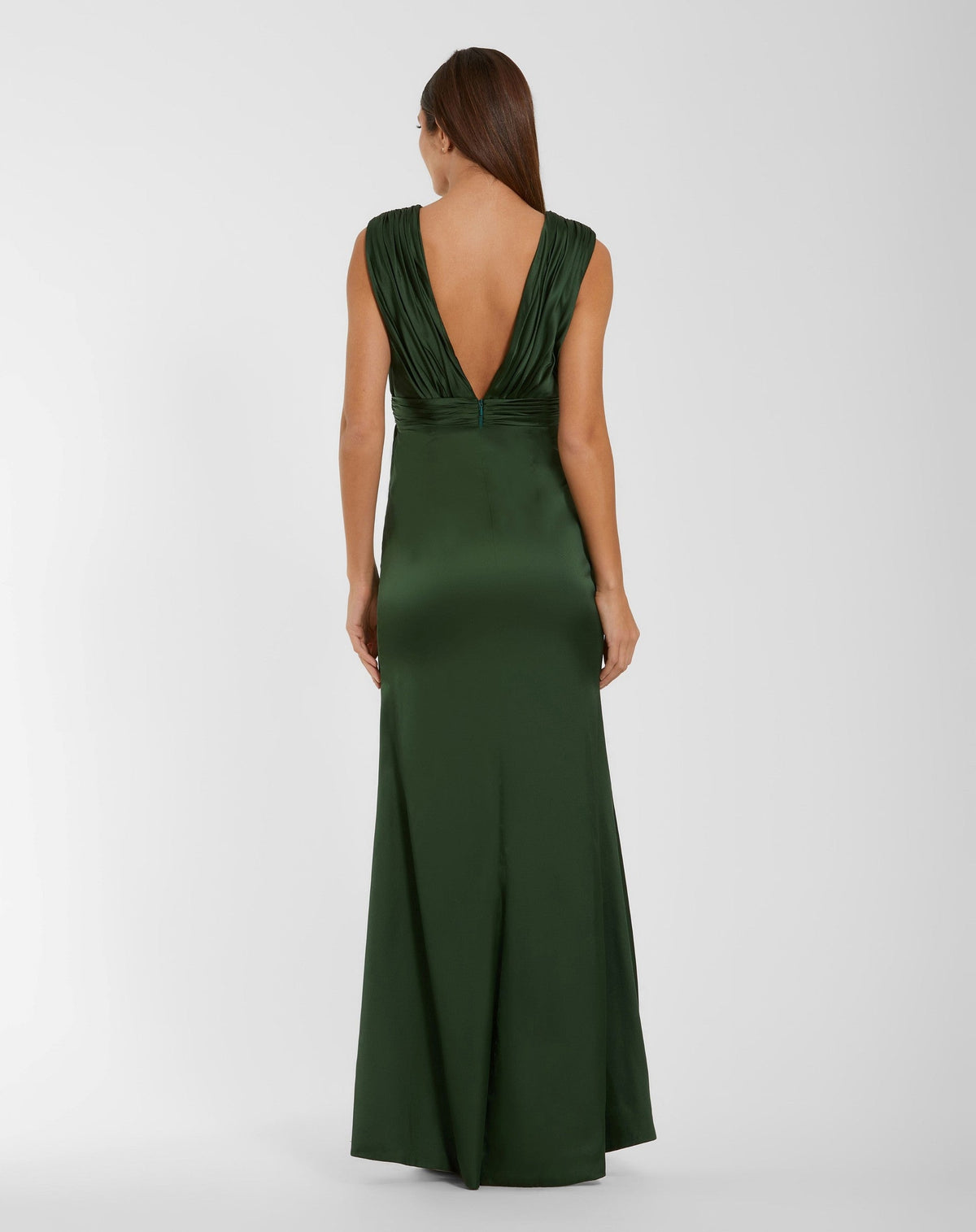 Pear Charmeuse Plunge Neck Gown With 3D Flower