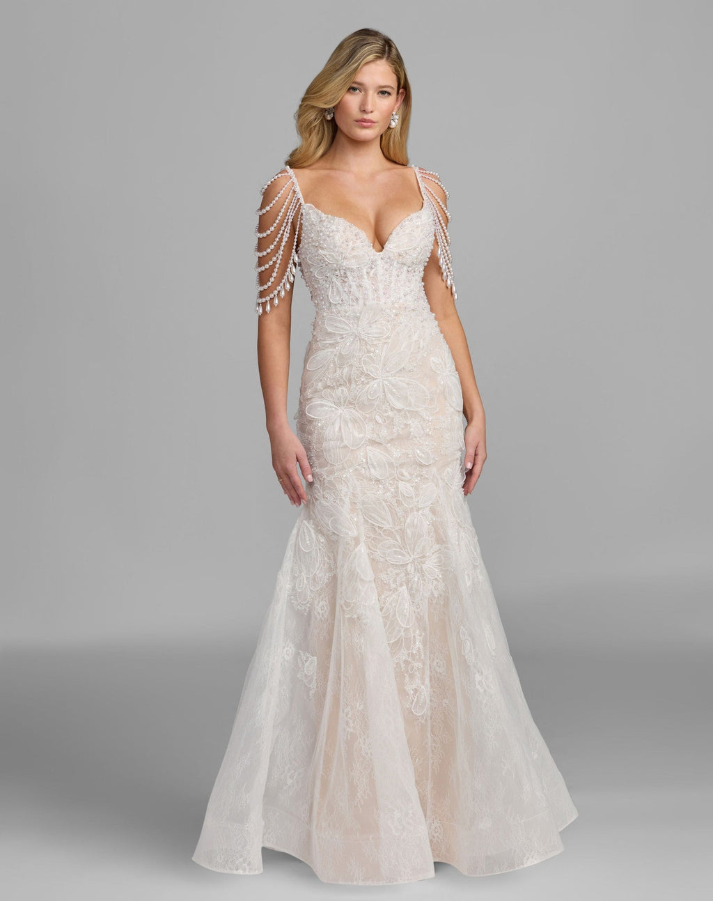 Ivory Nude Floral Lace Mermaid Gown With Draped Beading