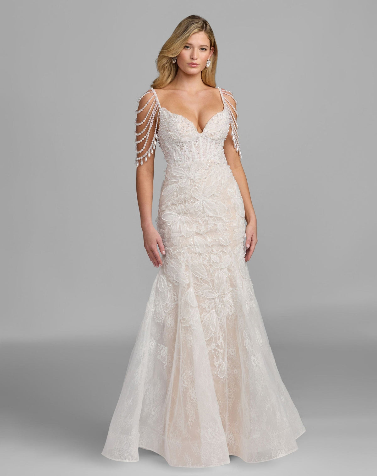 Ivory Nude Floral Lace Mermaid Gown With Draped Beading