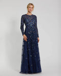 Navy Embellished High Neck Long Sleeve A Line Gown
