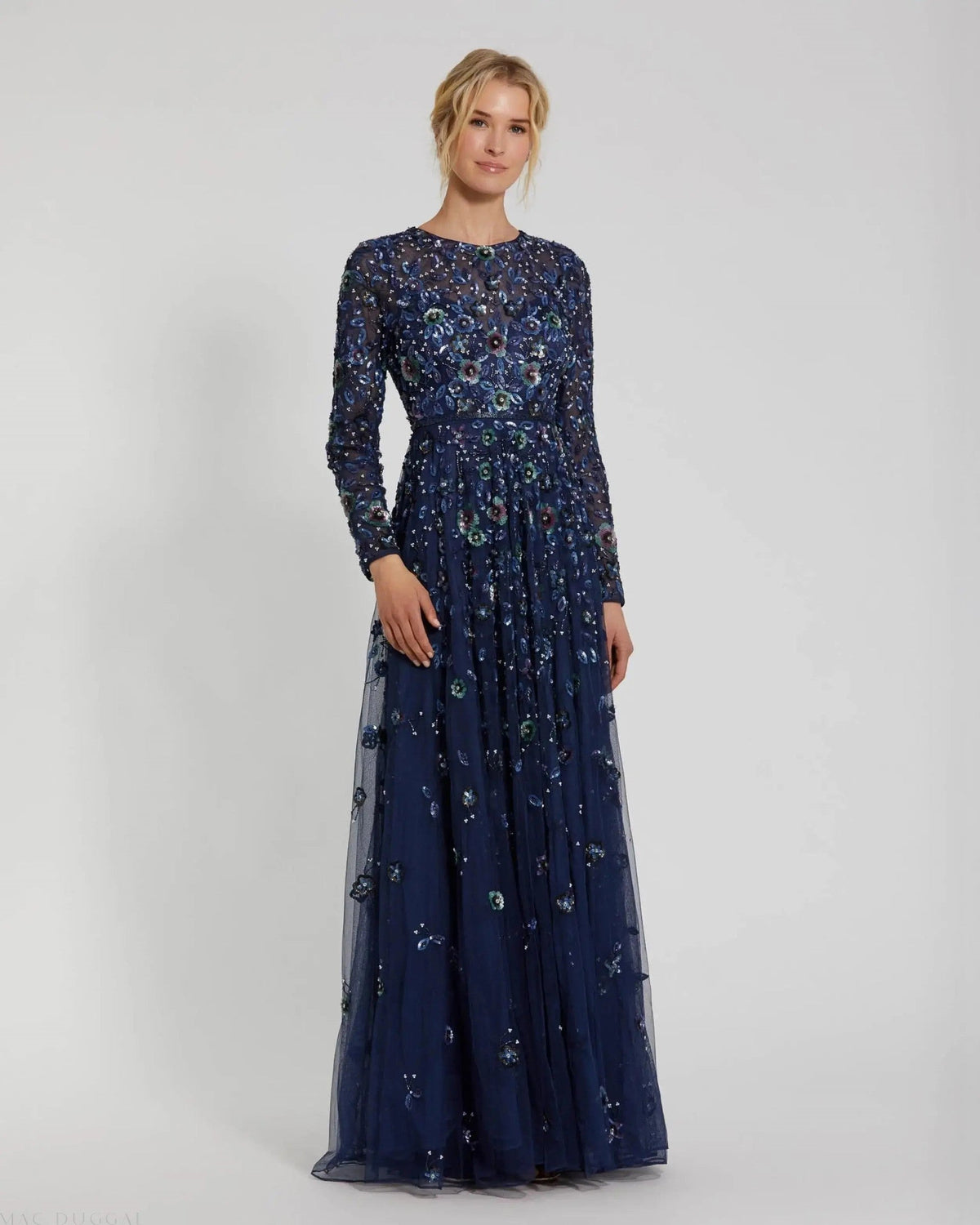 Navy Embellished High Neck Long Sleeve A Line Gown
