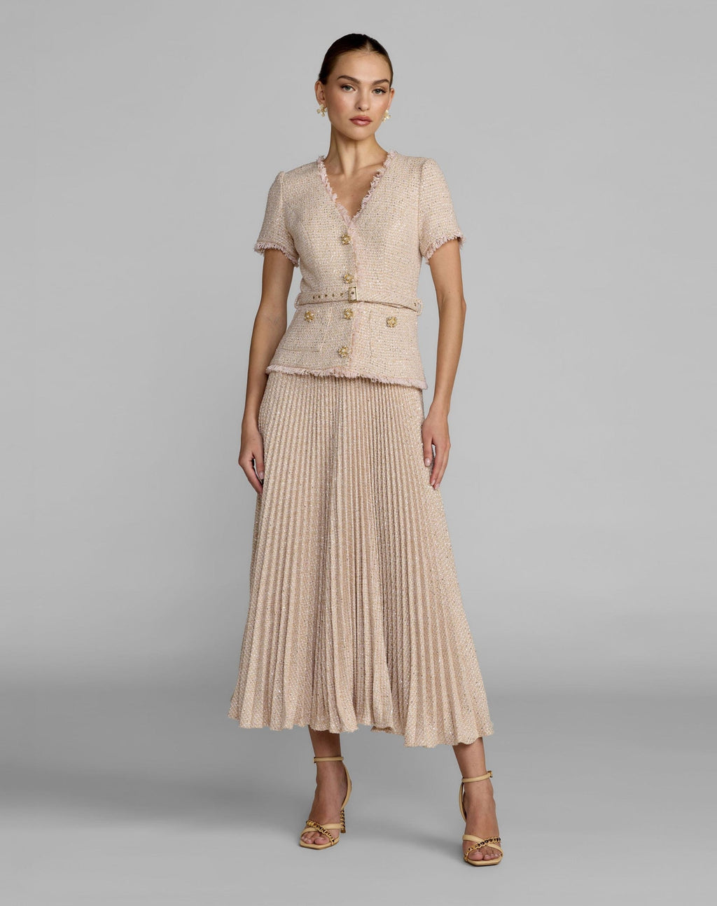 Blush Boucle Button Front Pleated Dress