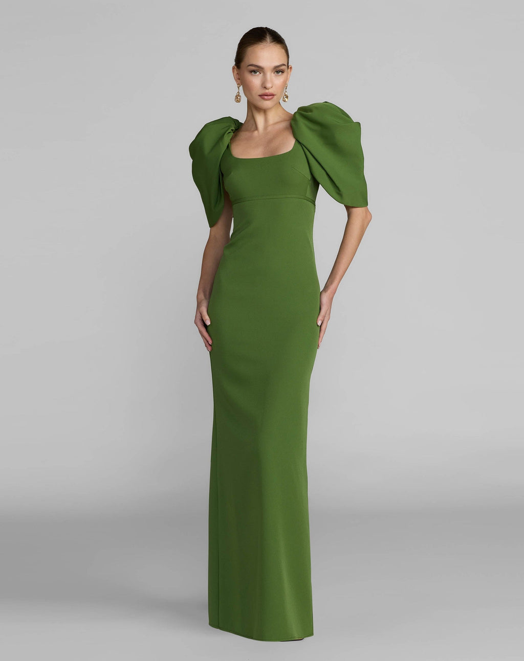 Moss Green Crepe Square Neck Gown With Puff Sleeves
