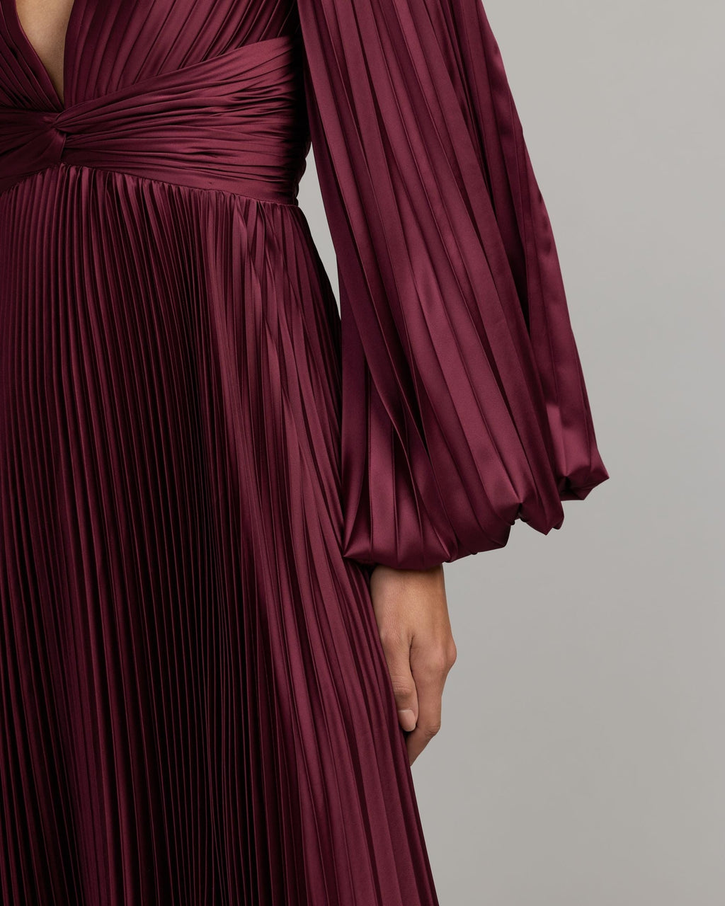 Wine Pleated Satin Long Sleeve Gown