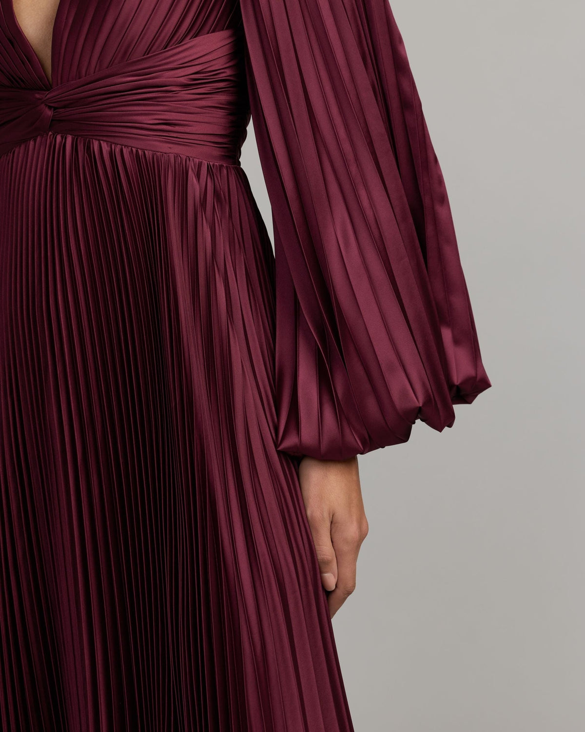 Wine Pleated Satin Long Sleeve Gown
