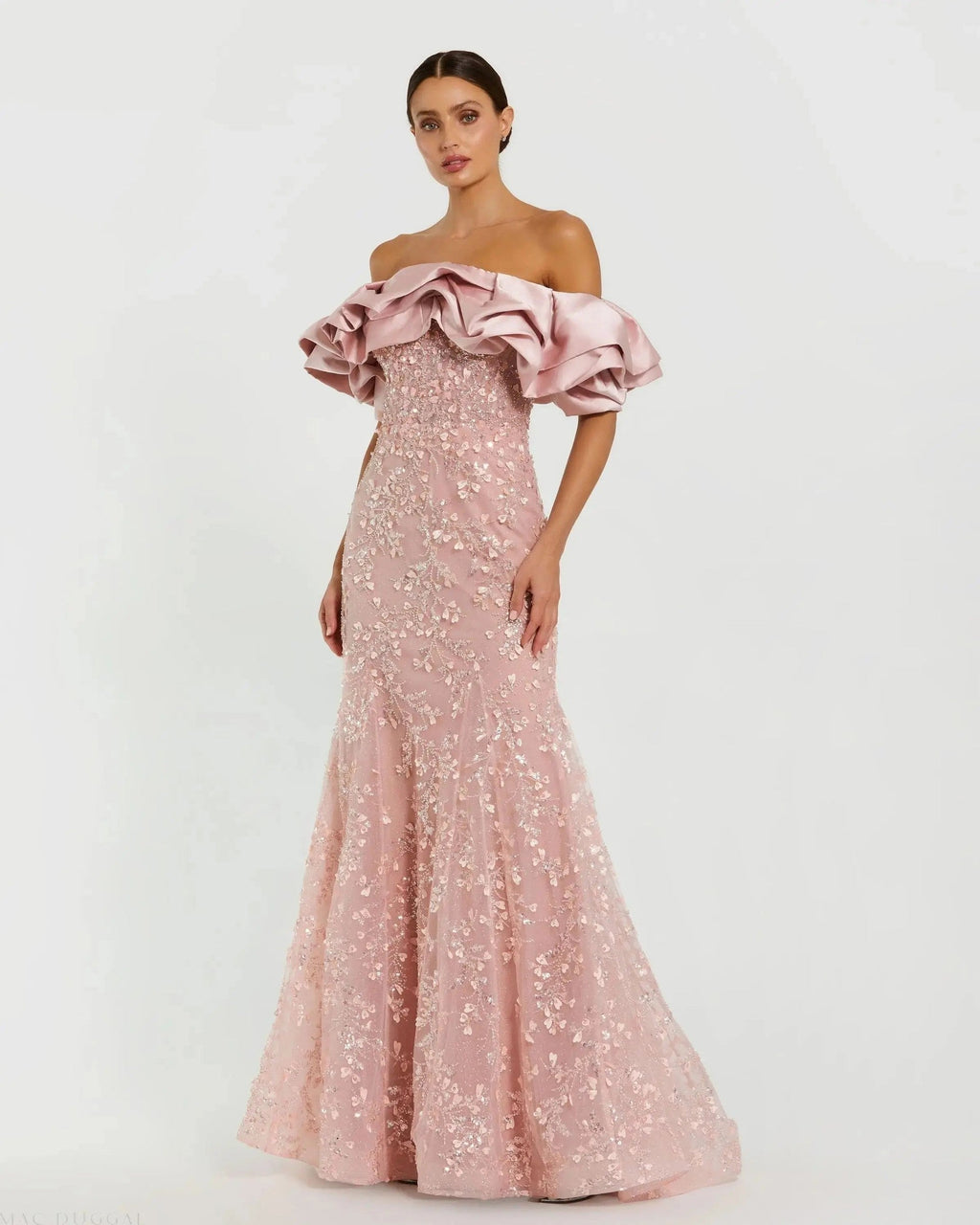 Rose Embellished Mermaid Gown With Off The Shoulder Ruffle