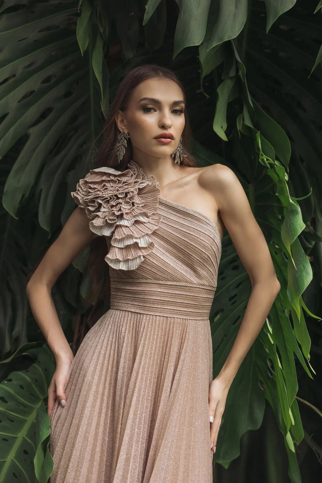 Champagne Pleated One Shoulder Ruffle Gown