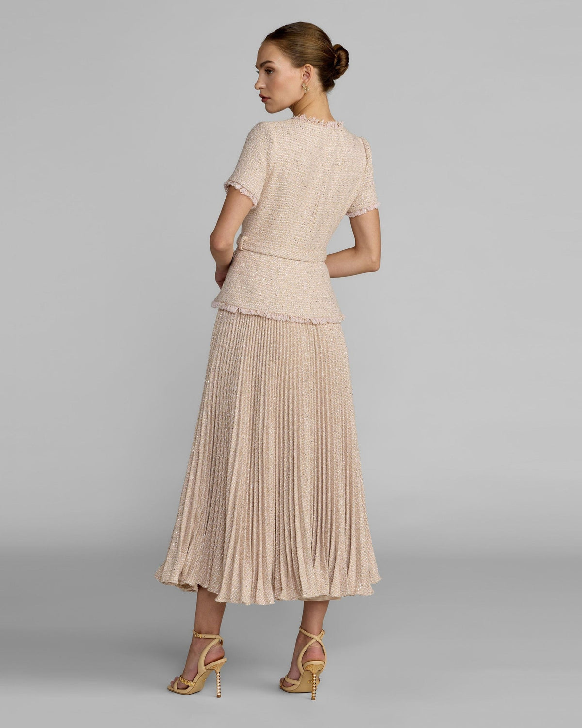 Blush Boucle Button Front Pleated Dress