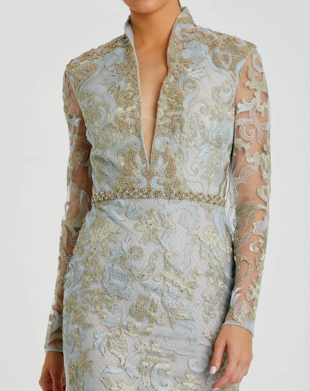 Powder Blue Queen Anne Lace Long Sleeve V-Neck Trumpet Gown