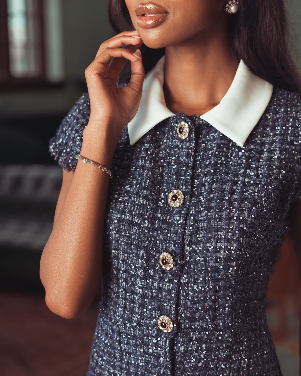 Navy Embellished Boucle Collared Mini Dress