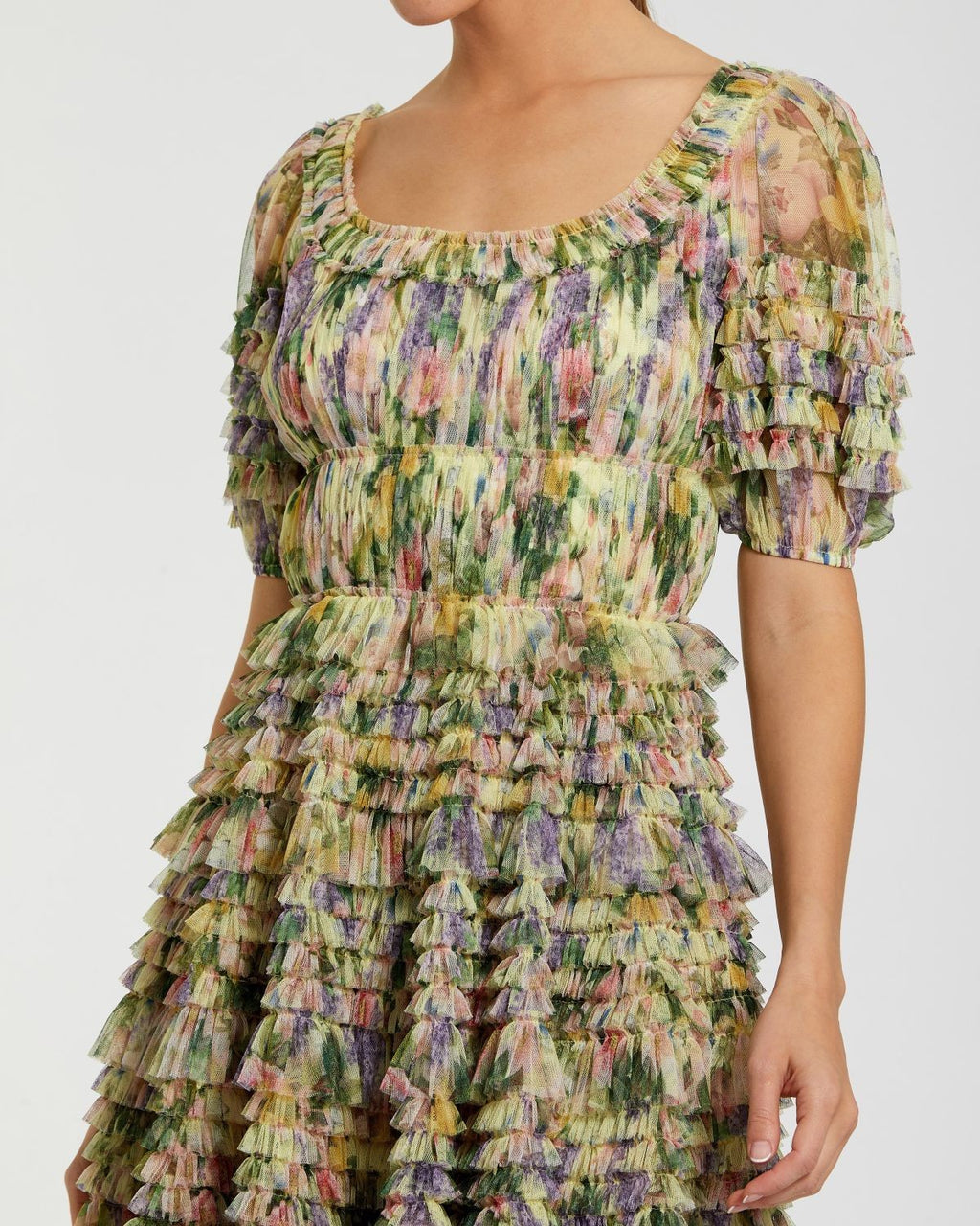 Yellow Multi Floral Puff Sleeve Ruffle Mini Dress