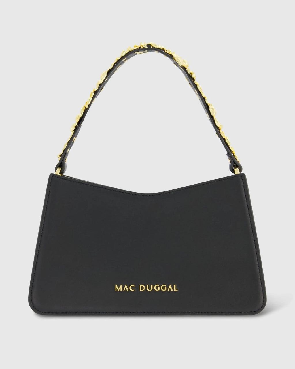 Black Small Leather Shoulder Bag with Gold Floral Strap