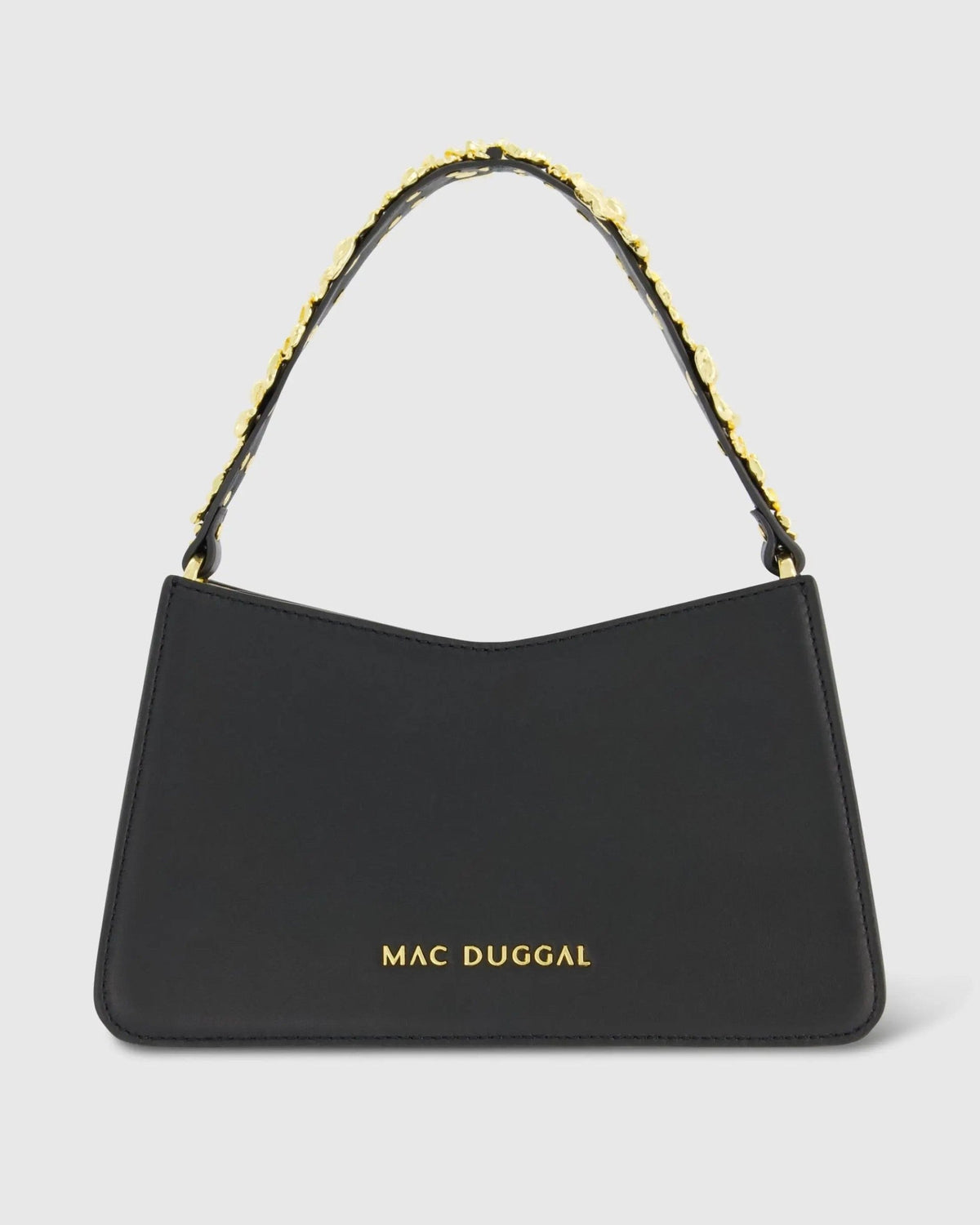 Black Small Leather Shoulder Bag with Gold Floral Strap