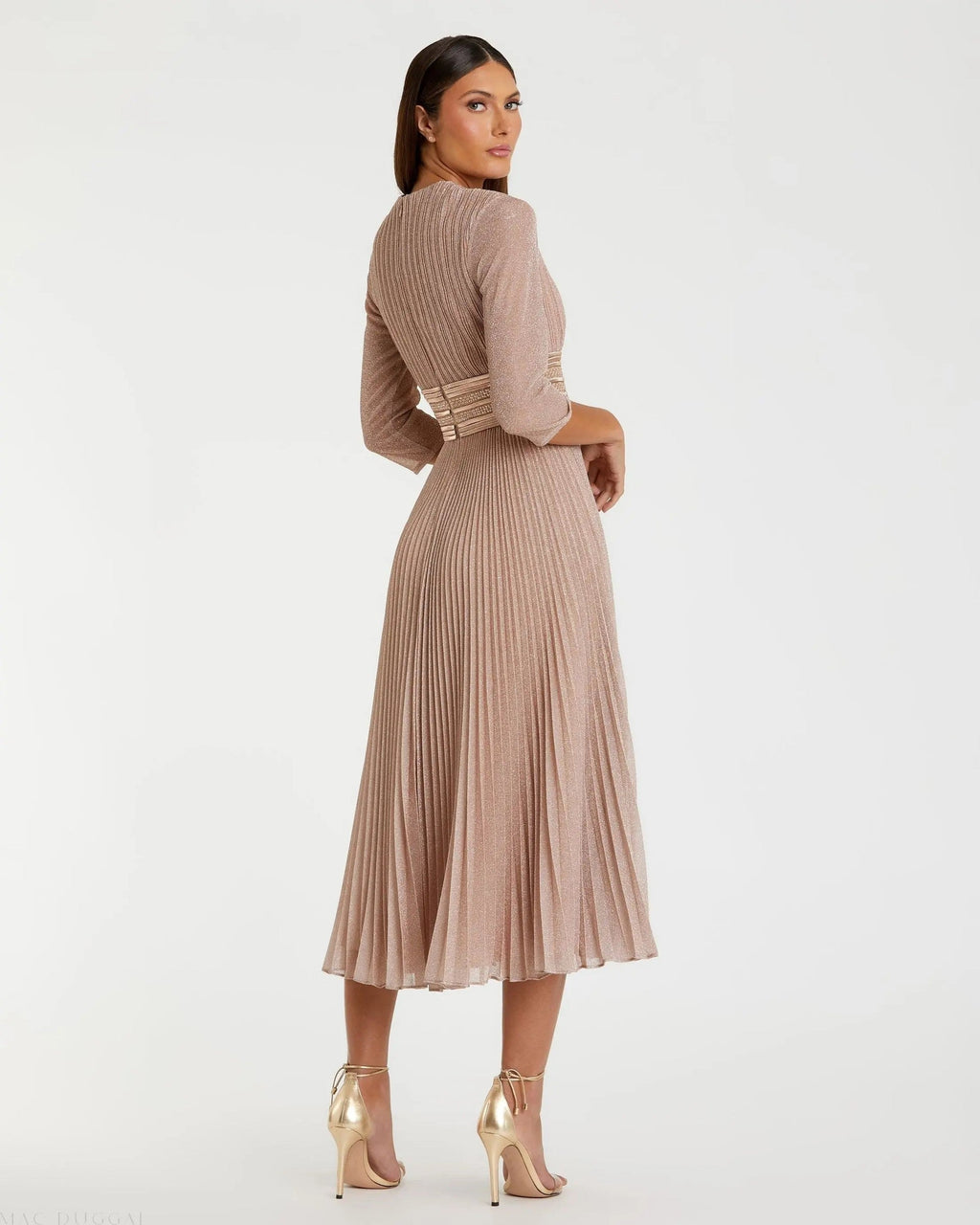 Rose Gold Shimmering 3/4 Sleeve A-Line Midi Dress