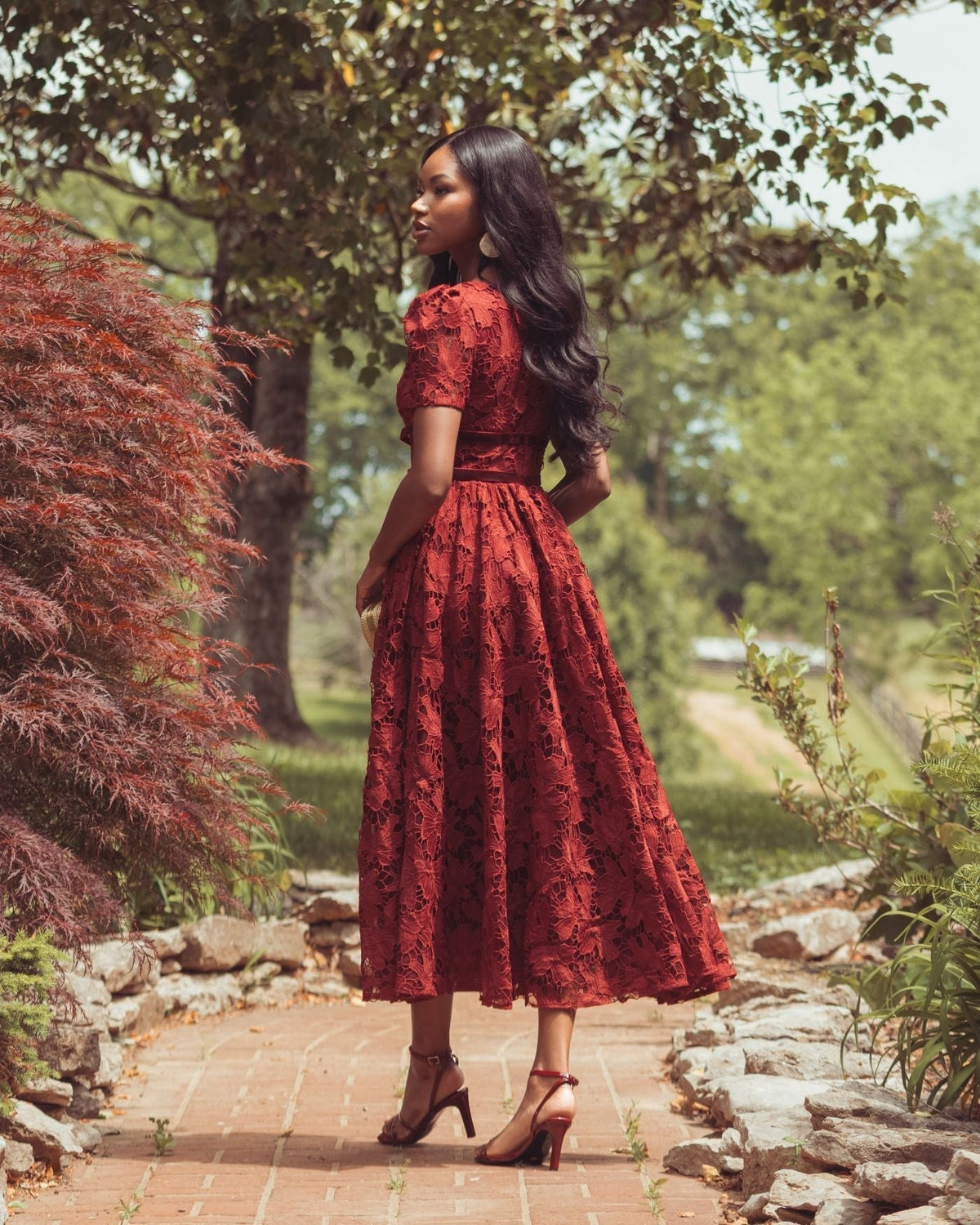 Burgundy A-Line Short Sleeve Lace Midi Dress