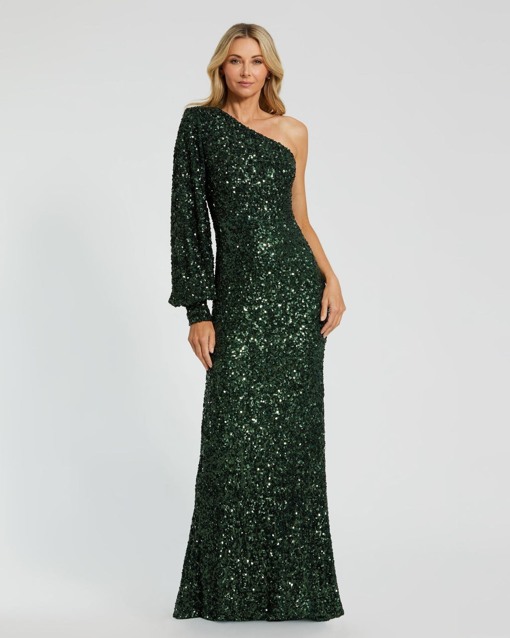 Sequined One Shoulder Bishop Sleeve Trumpet Gown