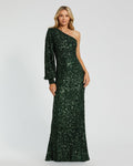 Sequined One Shoulder Bishop Sleeve Trumpet Gown