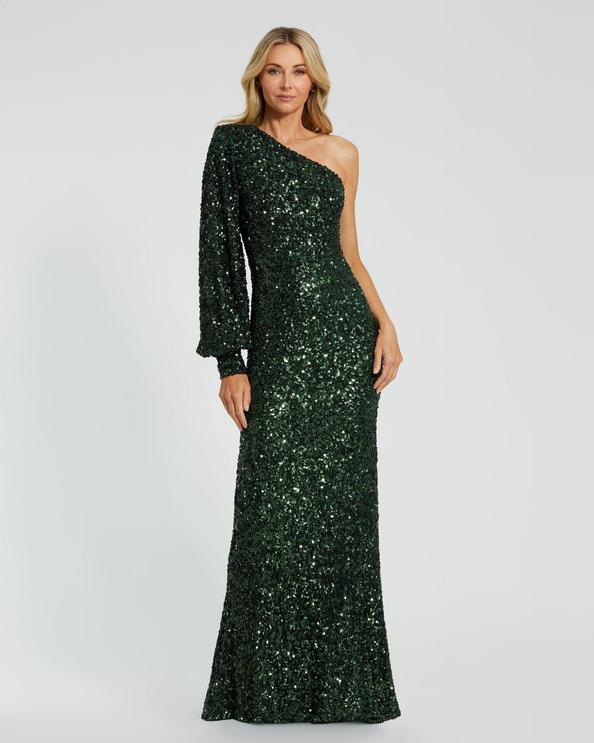 Sequined One Shoulder Bishop Sleeve Trumpet Gown
