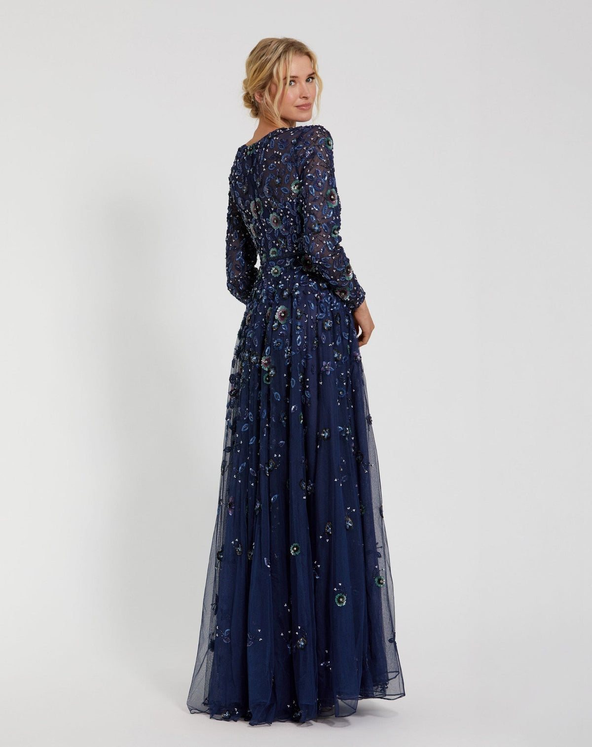 Petite Navy Embellished High Neck Long Sleeve A Line Gown