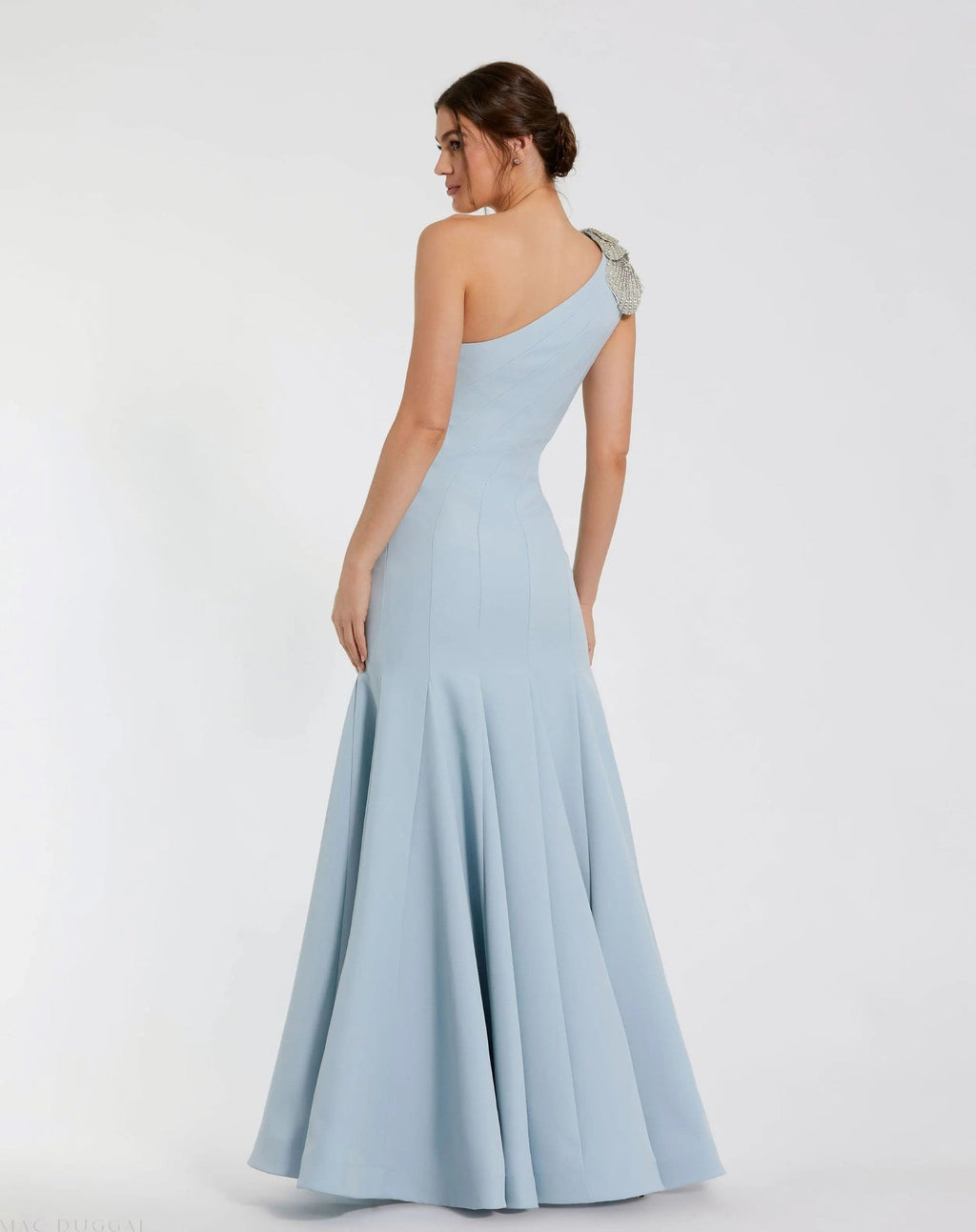 Powder Blue One Shoulder Trumpet Gown With Crystal Flower