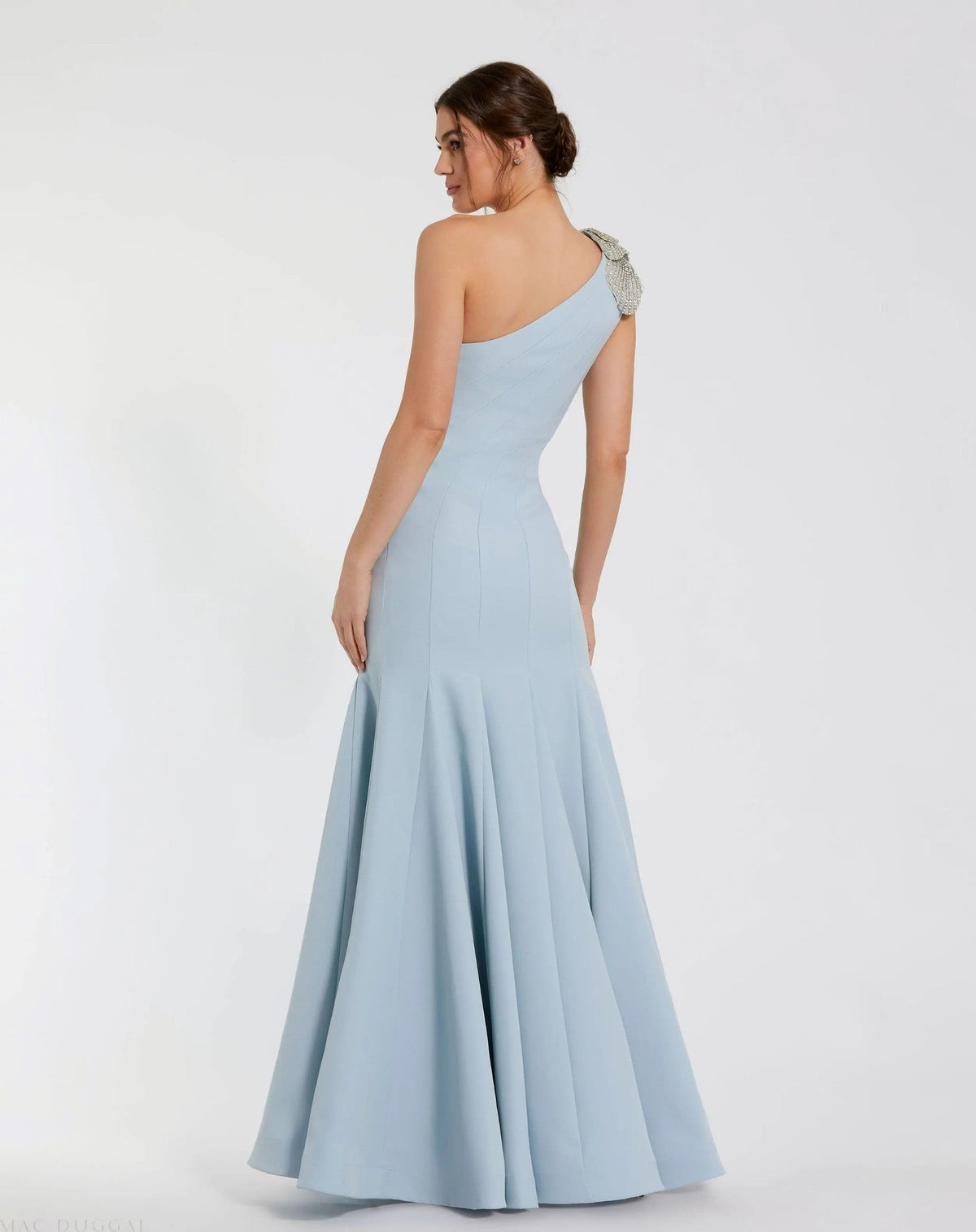 Powder Blue One Shoulder Trumpet Gown With Crystal Flower