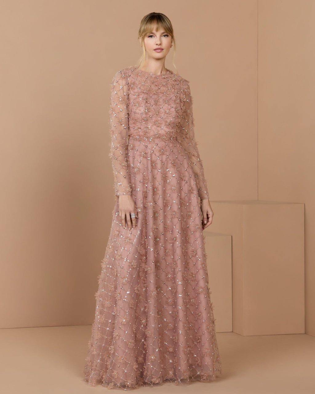 Mocha High Neck Long Sleeve Embellished A-Line Gown