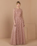 Mocha High Neck Long Sleeve Embellished A-Line Gown