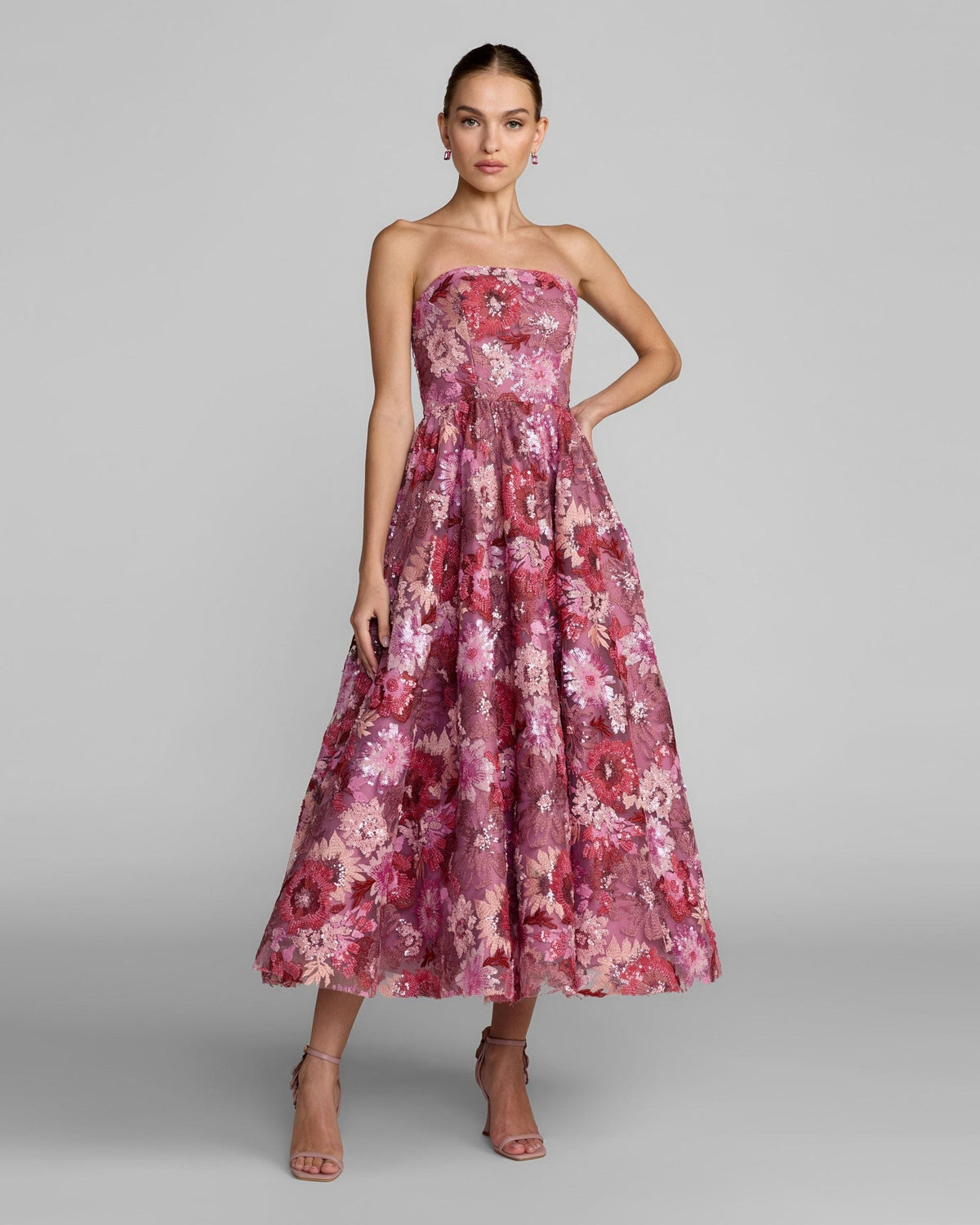 Pink Multi Floral Sequin Strapless Midi Dress