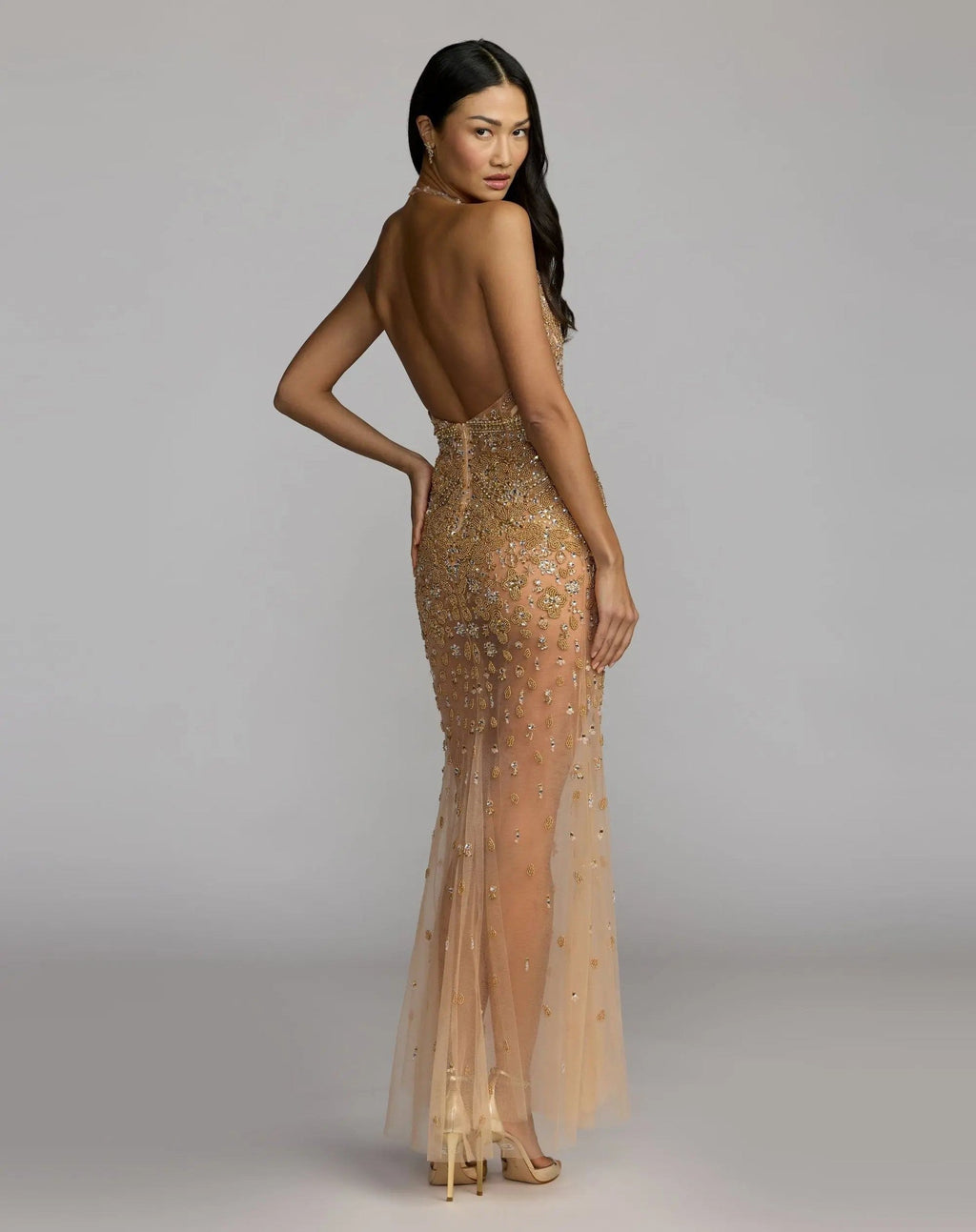 Nude Silver Hand Embellished Open Back Halter Gown