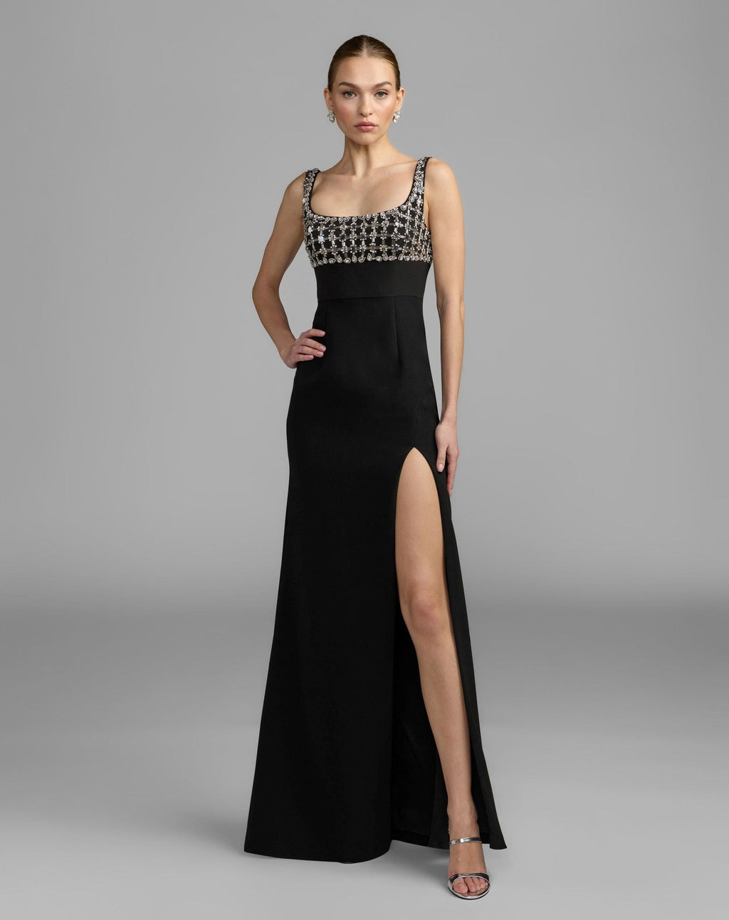 Black Sleeveless Crepe Gown With Embellished Bodice