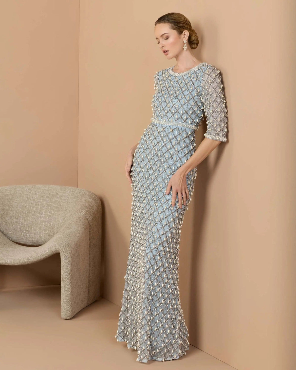 Vintage Blue Pearl Embellished 3/4 Sleeve Gown