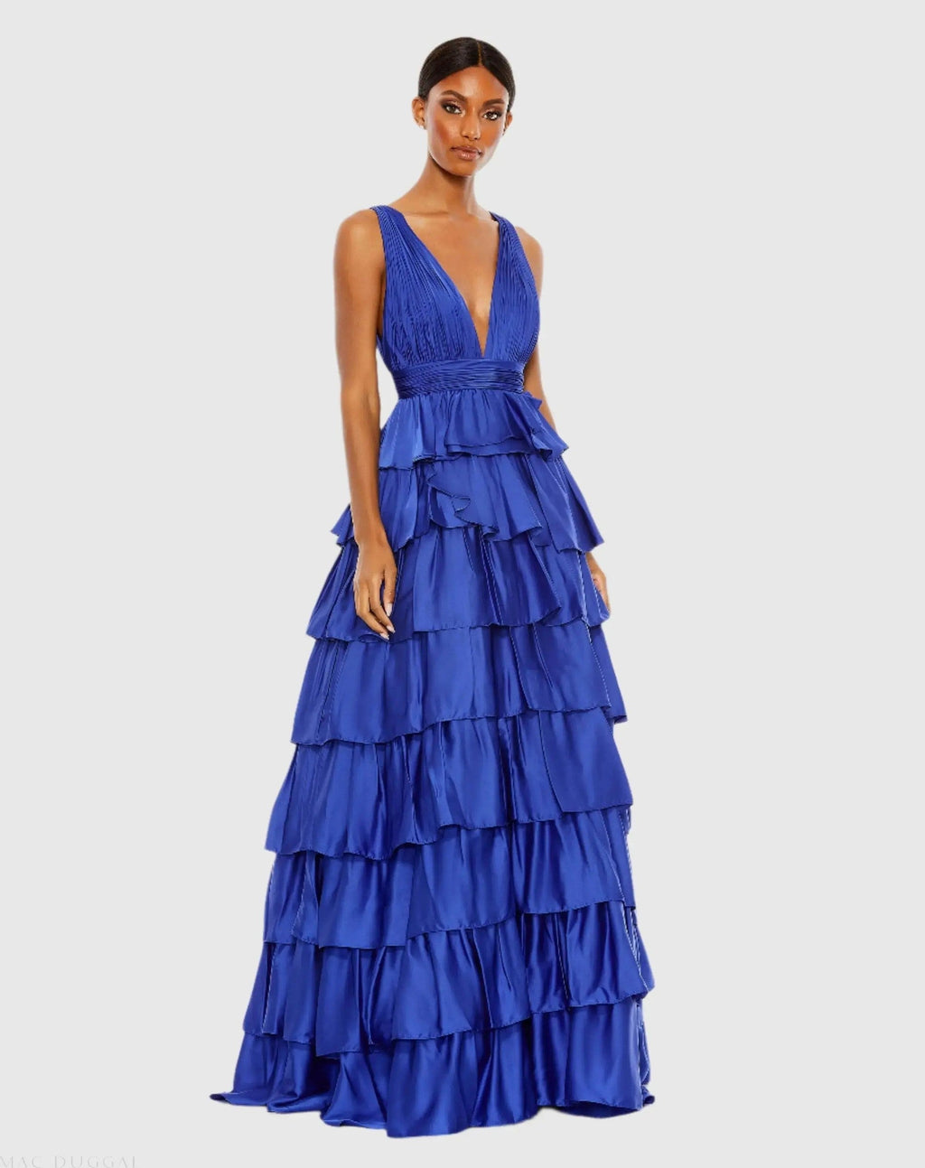 Ruffle Tiered Pleated Sleeveless V Neck Gown