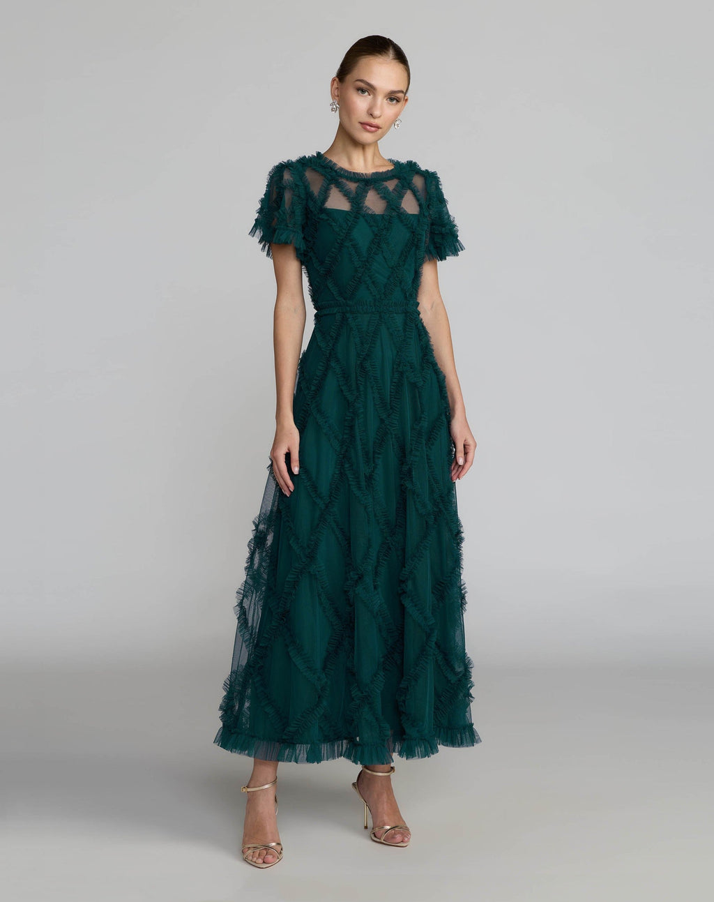 Teal Short Sleeve High Neck Ruffle Dress
