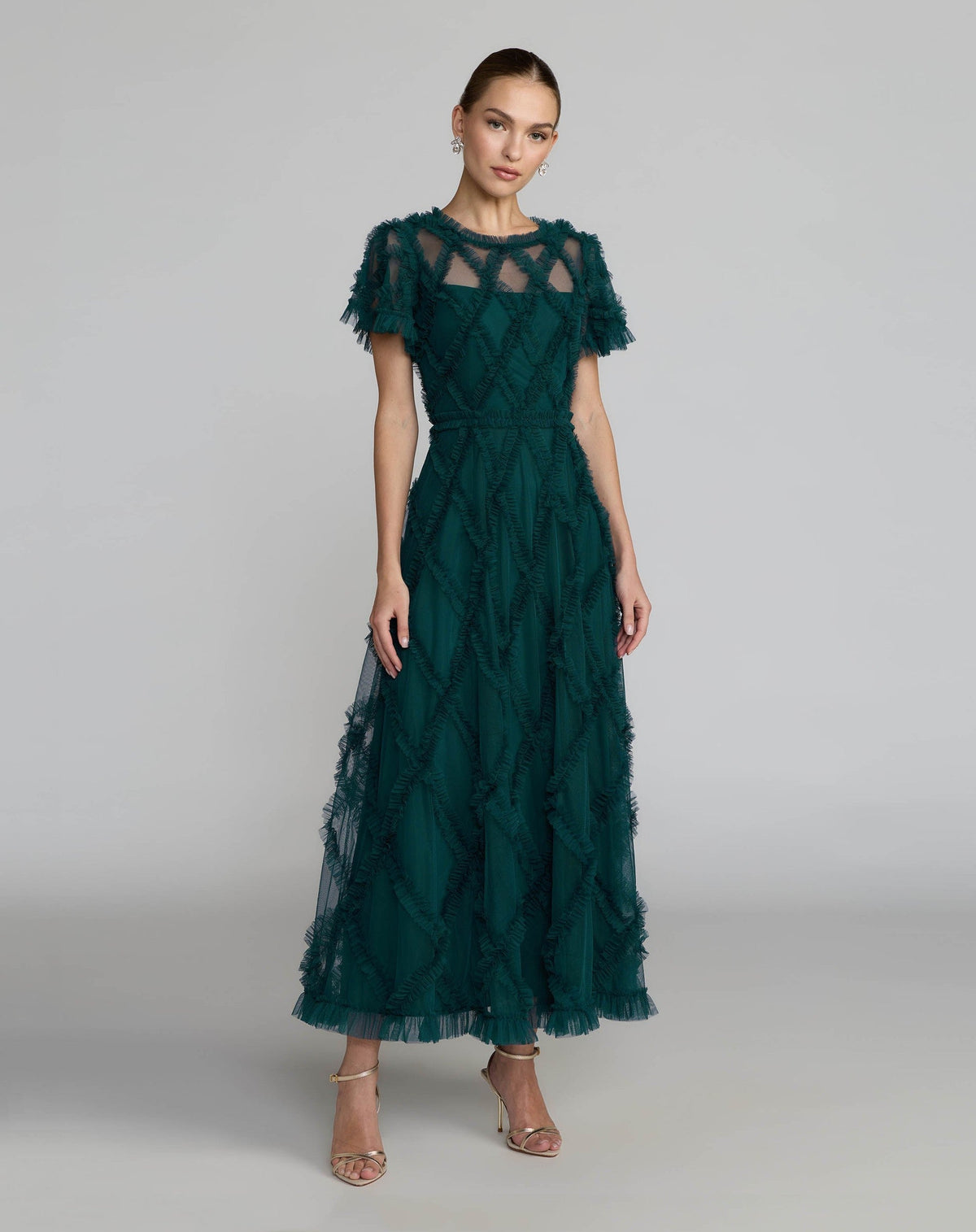 Teal Short Sleeve High Neck Ruffle Dress